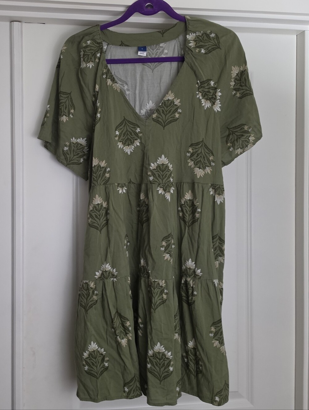 Olive Floral Tiered V-Neck Dress